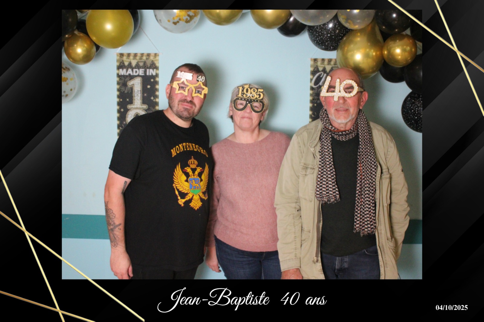 Anniversaire noir et doré pour les 40 ans de Jean-Baptiste, animation photobooth.